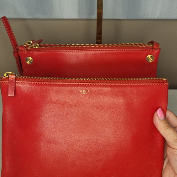 Celine Red Leather Tri-Pouch Crossbody Clutch Bag With Gold Hardware - Picture 6 of 13